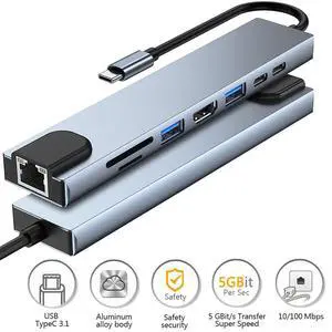 USB C Hub, 8-in-1 Type C Hub with 4K HDMI Port, 2X USB3.0/2.0, RJ45 Port, SD/TF Card Port, Type C Power Delivery Charging Port, Type-C Port Travel Dock for MacBook, Chromebook and More Type C USB C Hub, 8-in-1 Type C Hub with 4K HDMI Port, 2X USB3.0/2.0, RJ45 Port, SD/TF Card Port, Type C Power Delivery Charging Port, Type-C Port Travel Dock for MacBook, Chromebook and More Type C