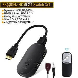 HDMI Switch 8K@60Hz, HDMI Switch 3 in 1 Out with Remote, HDMI Splitter Supports 8K 4K 3D UHD, HDMI Switcher for PS5, PS4, PS3,Fire Stick, Blu-Ray, Xbox, DVD, Laptop, PC HDMI Switch 8K@60Hz, HDMI Switch 3 in 1 Out with Remote, HDMI Splitter Supports 8K 4K 3D UHD, HDMI Switcher for PS5, PS4, PS3,Fire Stick, Blu-Ray, Xbox, DVD, Laptop, PC
