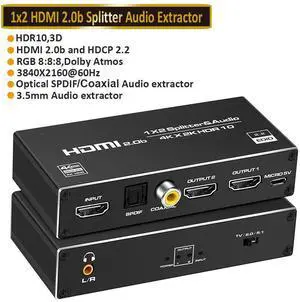 4K@60Hz HDMI Splitter 1 in 2 Out - 1x2 HDMI Display Duplicate/Mirror - 4K @ 30Hz (One Input To Two Outputs) - with audio extractor(3.5mm, Coaxial & Optical SPDIF audio out) - 1 Source to 2 Displays 4K@60Hz HDMI Splitter 1 in 2 Out - 1x2 HDMI Display Duplicate/Mirror - 4K @ 30Hz (One Input To Two Outputs) - with audio extractor(3.5mm, Coaxial & Optical SPDIF audio out) - 1 Source to 2 Displays