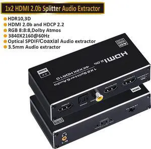 4K HDMI Splitter with 3.5mm, Coaxial & Optical SPDIF audio out, 1 in 2 Out 4K HDMI Splitter for Full HD 4K@60HZ 1080P 3D Splitter (1 HDMI Source to 2 HDMI Displays) 4K HDMI Splitter with 3.5mm, Coaxial & Optical SPDIF audio out, 1 in 2 Out 4K HDMI Splitter for Full HD 4K@60HZ 1080P 3D Splitter (1 HDMI Source to 2 HDMI Displays)