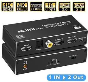 4K@60Hz 1x2 HDMI Splitter with audio extractor(3.5mm, Coaxial & Optical SPDIF audio out),Support HDMI 2.0b and HDCP 2.2, ,RGB 8:8:8(7.1CH Dolby atmos),HDR 10 4K@60Hz 1x2 HDMI Splitter with audio extractor(3.5mm, Coaxial & Optical SPDIF audio out),Support HDMI 2.0b and HDCP 2.2, ,RGB 8:8:8(7.1CH Dolby atmos),HDR 10