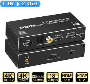 HDMI Splitter 4k@60hz , 1X2 HDMI Splitter1 in 2 Out, with audio extractor, 3.5mm, Coaxial & Optical SPDIF Audio Out, Manual HDMI Hub Supports HD Compatible with Xbox PS5/4/3 Blu-Ray Player HDMI Splitter 4k@60hz , 1X2 HDMI Splitter1 in 2 Out, with audio extractor, 3.5mm, Coaxial & Optical SPDIF Audio Out, Manual HDMI Hub Supports HD Compatible with Xbox PS5/4/3 Blu-Ray Player