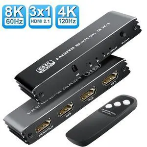 HDMI 2.1 Switch 8K 60Hz, 4K 120Hz 3 in 1 Out HDMI Switcher Splitter with Remote, Resolution Adjusted, ARC, HDR10+, Dolby Vision, HDCP 2.3, Dolby Atmos, VRR, ALLM for PS5 Xbox HDMI 2.1 Switch 8K 60Hz, 4K 120Hz 3 in 1 Out HDMI Switcher Splitter with Remote, Resolution Adjusted, ARC, HDR10+, Dolby Vision, HDCP 2.3, Dolby Atmos, VRR, ALLM for PS5 Xbox