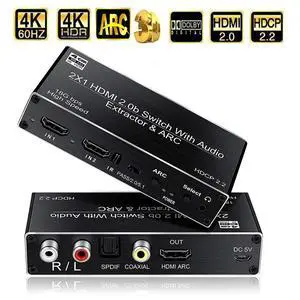 2x1 HDMI Switch Audio Extractor,4k@60hz Aluminum HDMI Switcher 2 in 1 Out, with 3.5mm + R/L Audio + Coaxial + Optical Toslink SPDIF Supports 3D, HDR, HDCP2.2 Compatible with Xbox PS5/4/3(OZV2) 2x1 HDMI Switch Audio Extractor,4k@60hz Aluminum HDMI Switcher 2 in 1 Out, with 3.5mm + R/L Audio + Coaxial + Optical Toslink SPDIF Supports 3D, HDR, HDCP2.2 Compatible with Xbox PS5/4/3(OZV2)