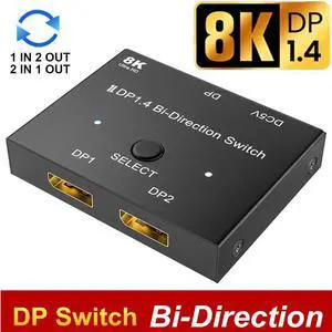 Displayport Switch 8K, Bidirectional DP 1.4 Switch 8K @ 30Hz, 4K @ 120Hz, Displayport Switcher 1 to 2/2 in 1 Out with LED Indicator for PC Host Monitor etc Displayport Switch 8K, Bidirectional DP 1.4 Switch 8K @ 30Hz, 4K @ 120Hz, Displayport Switcher 1 to 2/2 in 1 Out with LED Indicator for PC Host Monitor etc