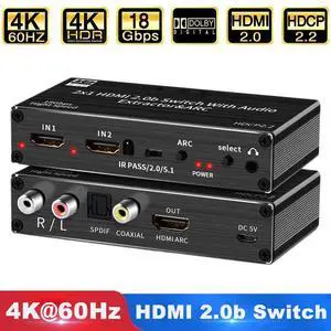 4K@60H HDMI Switch Audio Extractor, 2in 1Out HDMI Switcher Splitter with Optical TOSLINK SPDIF, 3.5mm/R/L Audio, Coaxial Audio Extractor and Remote Control, Support 4K HDR, HDMI 2.0b, HDCP 2.2, OZV2 4K@60H HDMI Switch Audio Extractor, 2in 1Out HDMI Switcher Splitter with Optical TOSLINK SPDIF, 3.5mm/R/L Audio, Coaxial Audio Extractor and Remote Control, Support 4K HDR, HDMI 2.0b, HDCP 2.2, OZV2