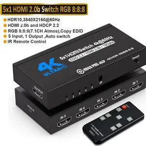 4K HDR 5 in 1 Out HDMI Switch, 5 Ports 4K 60Hz HDMI 2.0 Switcher Selector with IR Wireless Remote, Supports UltraHD Dolby Vision, High Speed(Max to 18.5Gbps), HDR10, HDCP 2.2 & 3D, OZQ3-4 4K HDR 5 in 1 Out HDMI Switch, 5 Ports 4K 60Hz HDMI 2.0 Switcher Selector with IR Wireless Remote, Supports UltraHD Dolby Vision, High Speed(Max to 18.5Gbps), HDR10, HDCP 2.2 & 3D, OZQ3-4