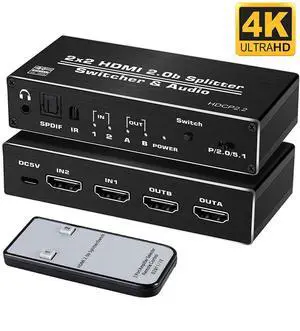 WRIARICH 4K 60Hz HDMI 2.0 Switch Splitter 2 in 2 Out with Audio Extractor (HDMI, 3.5mm AUX,Toslink Audio Out) , Support HDCP 2.2, HDMI2.0b, 4K@60HZ, RGB4:2:2, 4K HDR for TV 4K Home Theater WRIARICH 4K 60Hz HDMI 2.0 Switch Splitter 2 in 2 Out with Audio Extractor (HDMI, 3.5mm AUX,Toslink Audio Out) , Support HDCP 2.2, HDMI2.0b, 4K@60HZ, RGB4:2:2, 4K HDR for TV 4K Home Theater