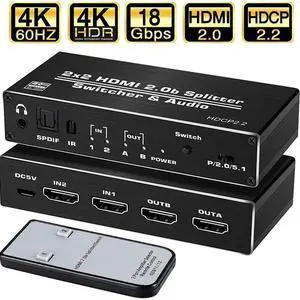 WRIARICH 4K@60Hz HDMI Switcher Splitter Audio Extractor with Optical SPDIF + 3.5mm AUX Output, 2 in 2 Out HDMI Switcher Converter Support HDCP 2.2, HDMI2.0b, 4K@60HZ, RGB2:2:2, 4K HDR WRIARICH 4K@60Hz HDMI Switcher Splitter Audio Extractor with Optical SPDIF + 3.5mm AUX Output, 2 in 2 Out HDMI Switcher Converter Support HDCP 2.2, HDMI2.0b, 4K@60HZ, RGB2:2:2, 4K HDR
