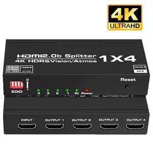 4k@60hz HDMI Splitter, 1 in 4 Out, Ultra HD 4K @ 60 Hz 1x4 HDMI Supports EDID, 3D, HDCP2.2, HDR, 4K@60Hz, 1080P@144Hz, RGB 8:8:8, Dolby Compatible with Xbox PS5/4/3 Blu-Ray Player Fire Stick Roku 4k@60hz HDMI Splitter, 1 in 4 Out, Ultra HD 4K @ 60 Hz 1x4 HDMI Supports EDID, 3D, HDCP2.2, HDR, 4K@60Hz, 1080P@144Hz, RGB 8:8:8, Dolby Compatible with Xbox PS5/4/3 Blu-Ray Player Fire Stick Roku