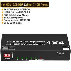 4K@60Hz HDMI Splitter 1 in 4 Out EDID, 1x4 Powered HDMI Splitter for Four Monitors w/Power Adapter, 4K@60Hz 4 Monitors Duplicate/Mirror for PS4 Fire Stick HDTV 4K@60Hz HDMI Splitter 1 in 4 Out EDID, 1x4 Powered HDMI Splitter for Four Monitors w/Power Adapter, 4K@60Hz 4 Monitors Duplicate/Mirror for PS4 Fire Stick HDTV