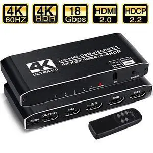 4K HDR HDMI Switch, 4 Ports 4K 60Hz HDMI 2.0 Switcher Selector with IR Wireless Remote, Support HDCP 2.2 YUV444/RGB888 HDR10 for Xbox PS5/4 Blu-Ray Player Fire Stick Roku TV 4K HDR HDMI Switch, 4 Ports 4K 60Hz HDMI 2.0 Switcher Selector with IR Wireless Remote, Support HDCP 2.2 YUV444/RGB888 HDR10 for Xbox PS5/4 Blu-Ray Player Fire Stick Roku TV