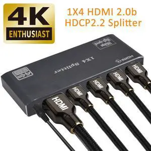 4K@60Hz HDMI Splitter 1x4 8:8:8,18 Gbps,Supports EDID,HDCP 2.2,Duplicate/Mirror/Copy,HDR10,Dolby Vision Atmos,4K HDMI Splitter 1 in 4 Out for Four Monitors 4K@60Hz HDMI Splitter 1x4 8:8:8,18 Gbps,Supports EDID,HDCP 2.2,Duplicate/Mirror/Copy,HDR10,Dolby Vision Atmos,4K HDMI Splitter 1 in 4 Out for Four Monitors