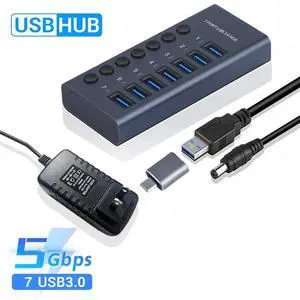 Powered USB Hub, 7-Port USB Splitter Hub (7 Faster Data Transfer Ports) with Individual LED On/Off Switches, USB Hub 3.0 Powered with Power Adapter for Mac, PC Powered USB Hub, 7-Port USB Splitter Hub (7 Faster Data Transfer Ports) with Individual LED On/Off Switches, USB Hub 3.0 Powered with Power Adapter for Mac, PC