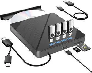 WRIARICH External CD DVD Drive for Laptop, 7 in 1 Portable CD DVD Burner Rewriter with Multiple Ports Support Faster Transfer Speed CD 8X DVD 24x for Windows 11/10/8/7 MacOS and More WRIARICH External CD DVD Drive for Laptop, 7 in 1 Portable CD DVD Burner Rewriter with Multiple Ports Support Faster Transfer Speed CD 8X DVD 24x for Windows 11/10/8/7 MacOS and More