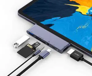 iPad Pro USB C Hub, 6-in-1 Adapter for iPad Pro 2021 2020 2018 12.9/11 inch, Docking Station with 4K HDMI, USB-C PD Charging, SD/Micro Card Reader, USB 3.0 & 3.5mm Headphone Jack iPad Pro USB C Hub, 6-in-1 Adapter for iPad Pro 2021 2020 2018 12.9/11 inch, Docking Station with 4K HDMI, USB-C PD Charging, SD/Micro Card Reader, USB 3.0 & 3.5mm Headphone Jack