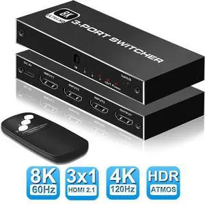 8K HDMI 2.1 Switch, 3X1 HDMI Switch with IR Remote Control, 4K @120hz HDMI Switcher Box 8K@60Hz/4K@30Hz, 48Gbps, Support for Nintendo Switch PS4/PS5, Xbox 360/One Fire tv Stick 8K HDMI 2.1 Switch, 3X1 HDMI Switch with IR Remote Control, 4K @120hz HDMI Switcher Box 8K@60Hz/4K@30Hz, 48Gbps, Support for Nintendo Switch PS4/PS5, Xbox 360/One Fire tv Stick