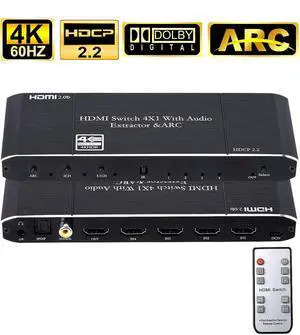 4x1 HDMI 2.0 4K 60Hz Switch with ARC & Audio Extractor, IR Remote Control, HDR 10, HDCP 2.2, , SPDIF, for PS4, Xbox, Apple TV and More 4x1 HDMI 2.0 4K 60Hz Switch with ARC & Audio Extractor, IR Remote Control, HDR 10, HDCP 2.2, , SPDIF, for PS4, Xbox, Apple TV and More
