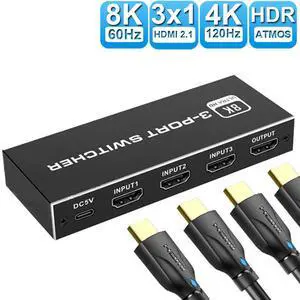 8K@60Hz HDMI 2.1 Switch, 4K@120Hz HDMI Switch 3 in 1 Out, 3 Ports HDMI Switcher Selector, Support 1080P@240Hz, 48Gbps High Speed for PS5, Xbox, Fire Stick, Roku, UHD Monitor Projector 8K@60Hz HDMI 2.1 Switch, 4K@120Hz HDMI Switch 3 in 1 Out, 3 Ports HDMI Switcher Selector, Support 1080P@240Hz, 48Gbps High Speed for PS5, Xbox, Fire Stick, Roku, UHD Monitor Projector