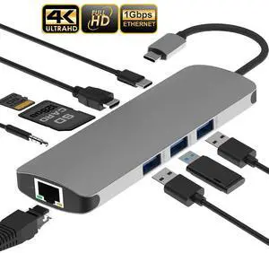 USB C Hub, 9-In-1 Type C Hub with Ethernet Port, 4K USB C to HDMI, 3 USB 3.0 Ports, SD/TF Card Reader, 60W PD USB-C Power Delivery 3.5mm Audio Jack Portable for Mac Pro and Other Type C Laptop USB C Hub, 9-In-1 Type C Hub with Ethernet Port, 4K USB C to HDMI, 3 USB 3.0 Ports, SD/TF Card Reader, 60W PD USB-C Power Delivery 3.5mm Audio Jack Portable for Mac Pro and Other Type C Laptop