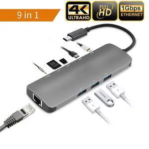 USB C Multiport Hub, 9 in 1 USB Type C HDMI Adapter with HDMI 4K, Ethernet, 3 USB 3.0, USB-C PD Charging Port, Audio/Mic, SD TF Card Reader for MacBook Pro and More USB C Multiport Hub, 9 in 1 USB Type C HDMI Adapter with HDMI 4K, Ethernet, 3 USB 3.0, USB-C PD Charging Port, Audio/Mic, SD TF Card Reader for MacBook Pro and More