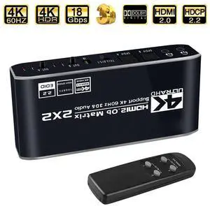 2 in 2 Out HDMI Matrix, 4K@60Hz 2x2 HDMI Matrix Switch with IR Remote Control, Support HDMI 2.0b, HDCP2.2, HDR10, Ultra HD, 3D 2 in 2 Out HDMI Matrix, 4K@60Hz 2x2 HDMI Matrix Switch with IR Remote Control, Support HDMI 2.0b, HDCP2.2, HDR10, Ultra HD, 3D