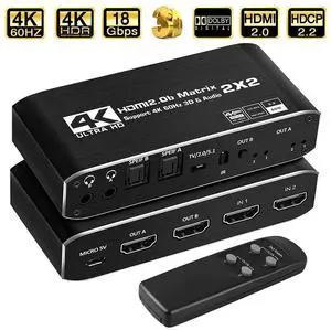 2x2 HDMI Matrix Switch Up to 4K 60Hz RGB 8:8:8, HDR, HDMI 2.0, HDCP 2.2/1.4, Auto Downscaling, IR Remote, 2xSPDIF Audio, 2x3.5mm L/R Audio, 2 in 2 Out Video (OZJ6) 2x2 HDMI Matrix Switch Up to 4K 60Hz RGB 8:8:8, HDR, HDMI 2.0, HDCP 2.2/1.4, Auto Downscaling, IR Remote, 2xSPDIF Audio, 2x3.5mm L/R Audio, 2 in 2 Out Video (OZJ6)