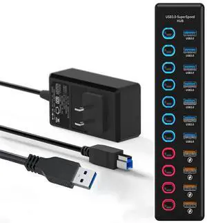 11-Port USB A Data Hub with 36W Power Adapter, 7 Faster Data Transfer Ports + 4 Smart Charging Ports, Individual On/Off Switches, 12V/3A DC Power Adapter for Laptops, PC 11-Port USB A Data Hub with 36W Power Adapter, 7 Faster Data Transfer Ports + 4 Smart Charging Ports, Individual On/Off Switches, 12V/3A DC Power Adapter for Laptops, PC