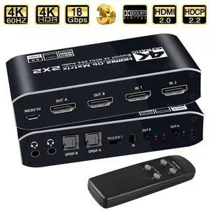 4K HDMI Matrix Switch 2 X 2, Switcher with Audio Extractor UltraHD Supports Up to 4K @ 60Hz IR EDID HDCP 2.2 HDR10,2xSPDIF Audio, 2x3.5mm L/R Audio - Remote Control (OZJ6) 4K HDMI Matrix Switch 2 X 2, Switcher with Audio Extractor UltraHD Supports Up to 4K @ 60Hz IR EDID HDCP 2.2 HDR10,2xSPDIF Audio, 2x3.5mm L/R Audio - Remote Control (OZJ6)