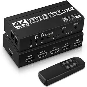 3 in 2 Out HDMI Matrix,4K@60Hz 3x2 HDMI Matrix Switch with IR Remote Control, Support HDMI 2.0b, HDCP2.2, HDR10, Ultra HD, 3D 3 in 2 Out HDMI Matrix,4K@60Hz 3x2 HDMI Matrix Switch with IR Remote Control, Support HDMI 2.0b, HDCP2.2, HDR10, Ultra HD, 3D