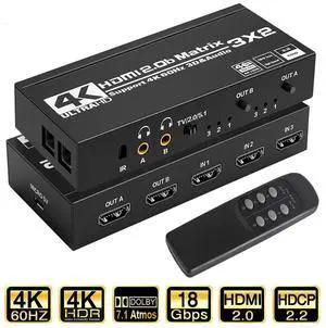 4K HDMI Matrix Switch 3 X 2, Switcher with Audio Extractor UltraHD Supports Up to 4K @ 60Hz IR EDID HDCP 2.2 HDR10,2xSPDIF Audio, 2x3.5mm L/R Audio - Remote Control (OZJ5) 4K HDMI Matrix Switch 3 X 2, Switcher with Audio Extractor UltraHD Supports Up to 4K @ 60Hz IR EDID HDCP 2.2 HDR10,2xSPDIF Audio, 2x3.5mm L/R Audio - Remote Control (OZJ5)