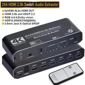 4K@60Hz 2x4 HDMI Switch Splitter Audio Extractor with Optical Toslink SPDIF/3.5mm Audio Out, 4 Ports HDMI 2.0b Switcher with Remote Control Support HDCP 2.2, HDMI2.0b, 4K@60HZ, RGB4:4:4, 4K HDR 4K@60Hz 2x4 HDMI Switch Splitter Audio Extractor with Optical Toslink SPDIF/3.5mm Audio Out, 4 Ports HDMI 2.0b Switcher with Remote Control Support HDCP 2.2, HDMI2.0b, 4K@60HZ, RGB4:4:4, 4K HDR