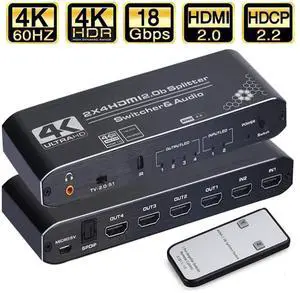 HDMI Switch Splitter 2x4 with Audio Extractor, 4K@60Hz Ultra HD HDMI Switcher with Optical TOSLINK SPDIF, 3.5mm Audio Support HDCP 2.2, HDMI2.0b, 4K@60HZ, RGB4:4:4, 4K HDR , Remote Control HDMI Switch Splitter 2x4 with Audio Extractor, 4K@60Hz Ultra HD HDMI Switcher with Optical TOSLINK SPDIF, 3.5mm Audio Support HDCP 2.2, HDMI2.0b, 4K@60HZ, RGB4:4:4, 4K HDR , Remote Control