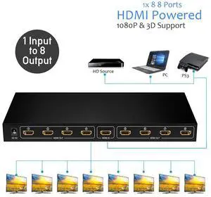 1x8 HDMI Splitter,1 in 8 Out HDMI Splitter Audio Video Distributor Box Support Full HD 3D & 1080P Compatible for Projector, HDTV, STB, DVD, PS3 Etc 1x8 HDMI Splitter,1 in 8 Out HDMI Splitter Audio Video Distributor Box Support Full HD 3D & 1080P Compatible for Projector, HDTV, STB, DVD, PS3 Etc