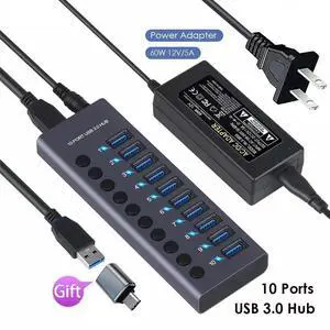 Powered USB Hub, 10-Port USB Splitter Hub (10 Faster Data Transfer Ports) with Individual LED On/Off Switches, USB Hub 3.0 Powered with Power Adapter for Mac, PC Powered USB Hub, 10-Port USB Splitter Hub (10 Faster Data Transfer Ports) with Individual LED On/Off Switches, USB Hub 3.0 Powered with Power Adapter for Mac, PC