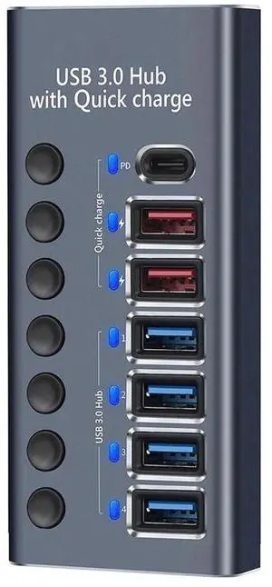 7 Ports 36W USB 3.0 Data Port, Aluminum Housing, Individual On/Off Switches, 12V/3A Power Adapter, 5Gbps High Speed, Charging Ports for Laptop, PC, Computer, Mobile HDD 7 Ports 36W USB 3.0 Data Port, Aluminum Housing, Individual On/Off Switches, 12V/3A Power Adapter, 5Gbps High Speed, Charging Ports for Laptop, PC, Computer, Mobile HDD