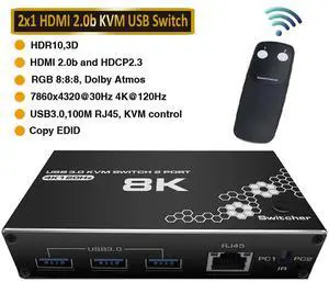 WRIARICH 4K HDMI USB Switch 2 in 1 Out HDMI Switcher 3USB3.0 Port Support 8K 30Hz 4K 120Hz HDCP 2.3 Ultra HD 3D For 2PC Share 1 Monitor and 3 USB3.0 Port and RJ45 Port for Keyboard, Mouse, Printer WRIARICH 4K HDMI USB Switch 2 in 1 Out HDMI Switcher 3USB3.0 Port Support 8K 30Hz 4K 120Hz HDCP 2.3 Ultra HD 3D For 2PC Share 1 Monitor and 3 USB3.0 Port and RJ45 Port for Keyboard, Mouse, Printer