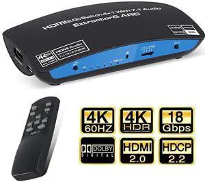 4K@60Hz HDMI Switch Audio Extractor with Optical SPDIF + 3.5mm AUX + 7.1CH atmos Output, 4 in 1 Out HDMI Switcher Converter Support ARC, HDCP 2.2, RGB 8:8:8(7.1CH Dolby atmos),HDR 10 - OZQ9-1 4K@60Hz HDMI Switch Audio Extractor with Optical SPDIF + 3.5mm AUX + 7.1CH atmos Output, 4 in 1 Out HDMI Switcher Converter Support ARC, HDCP 2.2, RGB 8:8:8(7.1CH Dolby atmos),HDR 10 - OZQ9-1