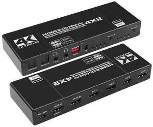 4 in 2 Out HDMI Matrix,4K@60Hz 4x2 HDMI Matrix Switch with IR Remote Control, Support EDID, HDMI 2.0b, HDCP2.2, HDR10, Ultra HD, 3D 4 in 2 Out HDMI Matrix,4K@60Hz 4x2 HDMI Matrix Switch with IR Remote Control, Support EDID, HDMI 2.0b, HDCP2.2, HDR10, Ultra HD, 3D