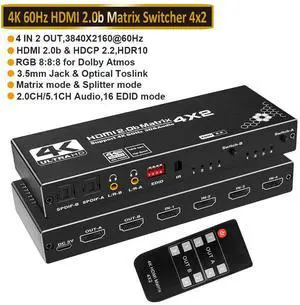 WRIARICH 4in 2out HDMI Matrix Switch, 4x2 Matrix HDMI Video Switcher Splitter +2xSPDIF& 2x3.5mm L/R Audio Output,Support Ultra HD 4K 60Hz,3D 1080P, EDID with IR Remote Control (OZJ1) WRIARICH 4in 2out HDMI Matrix Switch, 4x2 Matrix HDMI Video Switcher Splitter +2xSPDIF& 2x3.5mm L/R Audio Output,Support Ultra HD 4K 60Hz,3D 1080P, EDID with IR Remote Control (OZJ1)