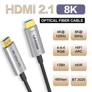 8K Fiber Optic Gaming HDMI 2.1 Cable, 48Gbps High Speed 3D 8K60 4K120 144Hz HDMI Cord eARC HDR10 HDCP 2.2&2.3 Compatible with Roku TV/PS5/HDTV/Blu-ray - 16FT/5M, Silver 8K Fiber Optic Gaming HDMI 2.1 Cable, 48Gbps High Speed 3D 8K60 4K120 144Hz HDMI Cord eARC HDR10 HDCP 2.2&2.3 Compatible with Roku TV/PS5/HDTV/Blu-ray - 16FT/5M, Silver
