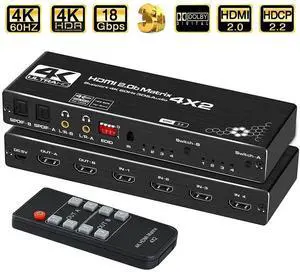 WRIARICH 4 in 2 Out HDMI Matrix Switch , 4K@60Hz 4x2 HDMI Matrix Switcher Splitter Box with 2xSPDIF Audio, 2x3.5mm L/R Audio and IR Remote Control Support 4K HDR, EDID, HDMI 2.0b, HDCP 2.2, 3D,1080P WRIARICH 4 in 2 Out HDMI Matrix Switch , 4K@60Hz 4x2 HDMI Matrix Switcher Splitter Box with 2xSPDIF Audio, 2x3.5mm L/R Audio and IR Remote Control Support 4K HDR, EDID, HDMI 2.0b, HDCP 2.2, 3D,1080P