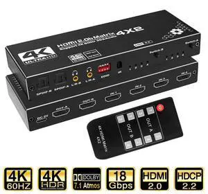 WRIARICH 4K@60Hz 4 in 2 Out HDMI Matrix Switch, 4x2 HDMI 2.0b Matrix Switch, 4K HDMI Switcher Splitter + Optical and L/R Audio Output, Scaler EDID with Remote, HDCP2.2, HDR 10 WRIARICH 4K@60Hz 4 in 2 Out HDMI Matrix Switch, 4x2 HDMI 2.0b Matrix Switch, 4K HDMI Switcher Splitter + Optical and L/R Audio Output, Scaler EDID with Remote, HDCP2.2, HDR 10