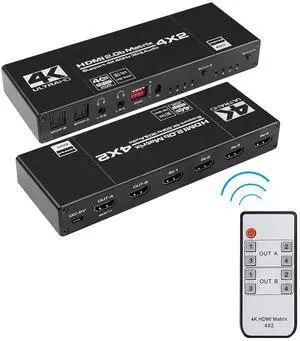 WRIARICH 4x2 HDMI Matrix Switch Up to 4K 60Hz RGB 8:8:8, HDR10, EDID,HDMI 2.0, HDCP 2.2/1.4, Auto Downscaling, IR Remote, 2xSPDIF Audio, 2x3.5mm L/R Audio, 4 in 2 Out Video (OZJ1-1) WRIARICH 4x2 HDMI Matrix Switch Up to 4K 60Hz RGB 8:8:8, HDR10, EDID,HDMI 2.0, HDCP 2.2/1.4, Auto Downscaling, IR Remote, 2xSPDIF Audio, 2x3.5mm L/R Audio, 4 in 2 Out Video (OZJ1-1)