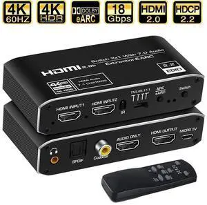 4K@60H HDMI Switch Audio Extractor, 2x1 HDMI Switcher Splitter 2 in 1 Out with Optical TOSLINK SPDIF, 3.5mm Audio, Coaxial Audio Extractor and IR Remote Control, Support 4K HDR, HDMI 2.0b, HDCP 2.3 4K@60H HDMI Switch Audio Extractor, 2x1 HDMI Switcher Splitter 2 in 1 Out with Optical TOSLINK SPDIF, 3.5mm Audio, Coaxial Audio Extractor and IR Remote Control, Support 4K HDR, HDMI 2.0b, HDCP 2.3