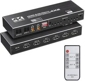 WRIARICH 4K HDMI Matrix Switch 4 X 2, Switcher with Audio Extractor UltraHD Supports Up to 4K @ 60Hz IR EDID HDCP 2.2 HDR10,2xSPDIF Audio, 2x3.5mm L/R Audio - Remote Control (OZJ1-1) WRIARICH 4K HDMI Matrix Switch 4 X 2, Switcher with Audio Extractor UltraHD Supports Up to 4K @ 60Hz IR EDID HDCP 2.2 HDR10,2xSPDIF Audio, 2x3.5mm L/R Audio - Remote Control (OZJ1-1)
