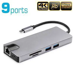 9-in-1 USB C Hub Adapter,Type-C Dongle with 4K HDMI, Gigabit Ethernet, 1080P VGA, 60W Power Delivery, 2 USB 3.0, SD/TF Card Reader, Audio/Mic for MacBook Pro/Air, iPad Pro, Chromebook & More 9-in-1 USB C Hub Adapter,Type-C Dongle with 4K HDMI, Gigabit Ethernet, 1080P VGA, 60W Power Delivery, 2 USB 3.0, SD/TF Card Reader, Audio/Mic for MacBook Pro/Air, iPad Pro, Chromebook & More