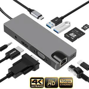 USB C Hub,9 in 1 USB C Adapter with Ethernet, 4K HDMI, USB C Power Delivery, 2 USB 3.0 Ports, SD/TF Card Reader, , VGA Port, Audio Port Portable Hub for MacBook Pro and Other Type C Laptops USB C Hub,9 in 1 USB C Adapter with Ethernet, 4K HDMI, USB C Power Delivery, 2 USB 3.0 Ports, SD/TF Card Reader, , VGA Port, Audio Port Portable Hub for MacBook Pro and Other Type C Laptops