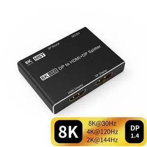 DisplayPort 1.4 MST Hub Splitter with HDMI & Displayport Out, 2-Port DP Multi-Stream Transport 4K@120Hz Over The HDMI Out(Single Display Only), DP MST-Enabled Video Card(Windows PC Only) DisplayPort 1.4 MST Hub Splitter with HDMI & Displayport Out, 2-Port DP Multi-Stream Transport 4K@120Hz Over The HDMI Out(Single Display Only), DP MST-Enabled Video Card(Windows PC Only)