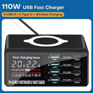 WRIARICH 9-in-1 USB C Charging Station(110W Max), Wireless Magnetic Fast Desk Charger Adapter, 4 USB-A, 4 USB-C, LCD Display Charging for Mobile Phones, Tablets Smartphones, Home Office Use WRIARICH 9-in-1 USB C Charging Station(110W Max), Wireless Magnetic Fast Desk Charger Adapter, 4 USB-A, 4 USB-C, LCD Display Charging for Mobile Phones, Tablets Smartphones, Home Office Use